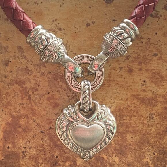 Judith Ripka Brown & Red Leather cords w/ Sterling Silver & CZ Heart Enhancer - Picture 7 of 9